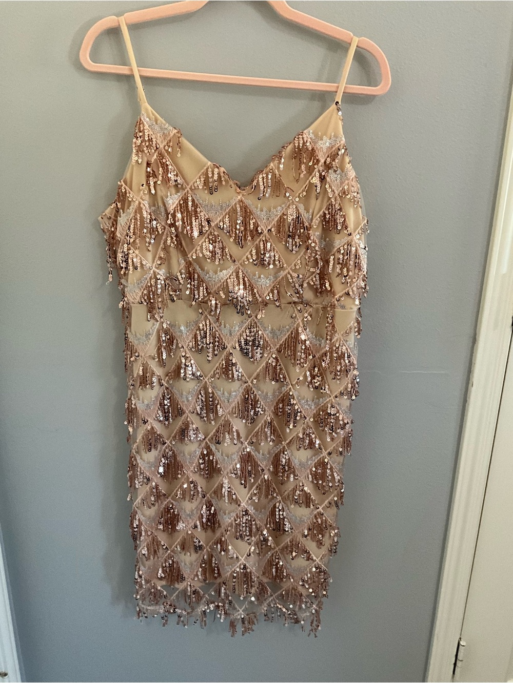Unbranded Rose Gold Sequin Fringe Diamond Pattern Mini Flapper Dress
